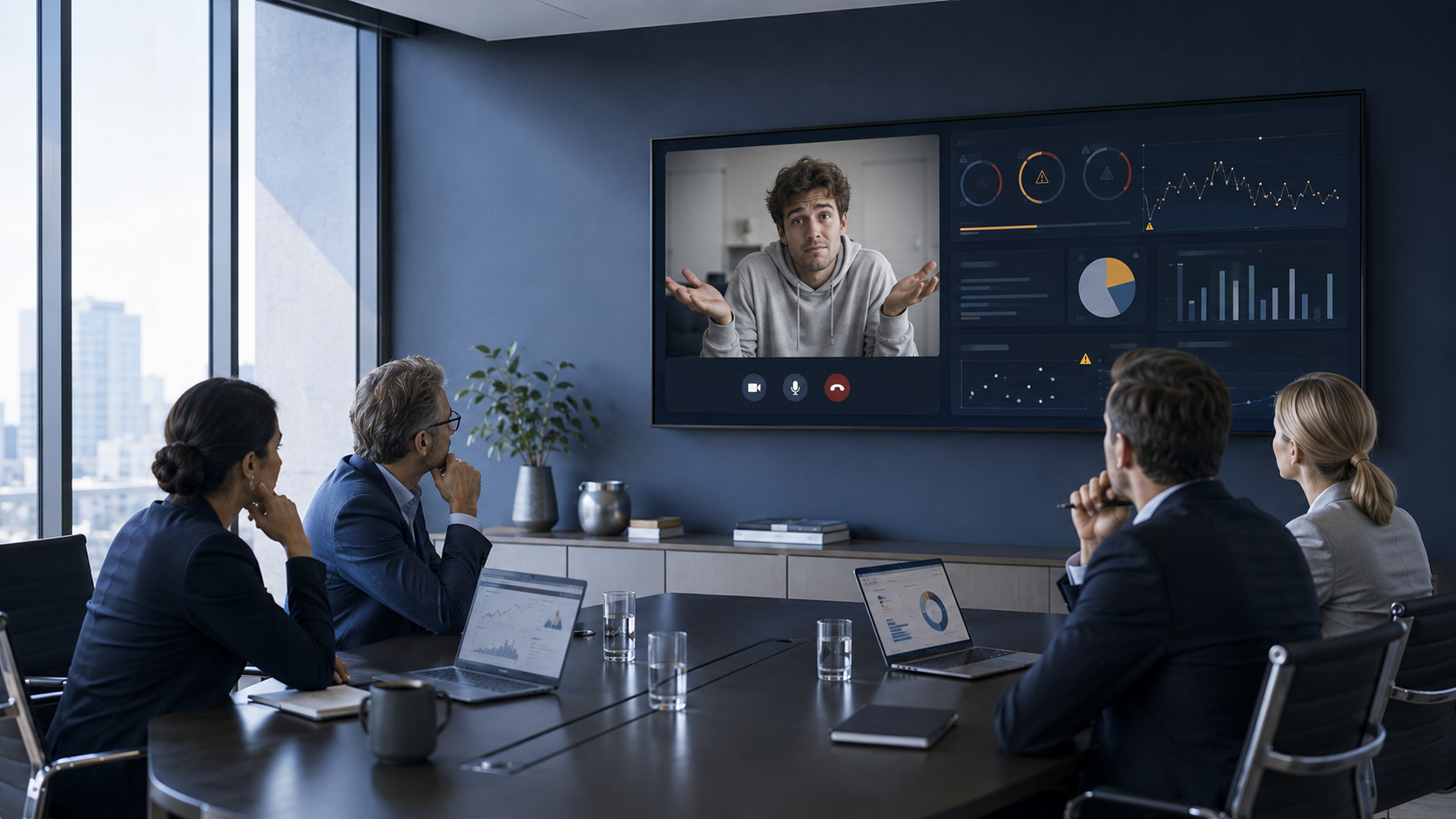 Executives reviewing a video call with a confused respondent and risk dashboards on screen