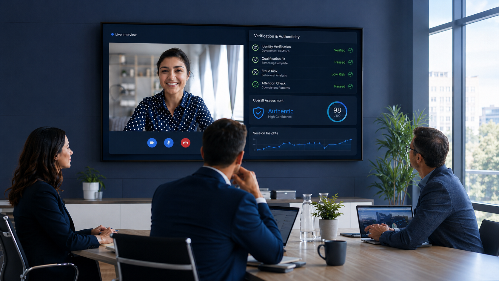 Enterprise executives reviewing a live video interview with real-time verification and authenticity scoring dashboard