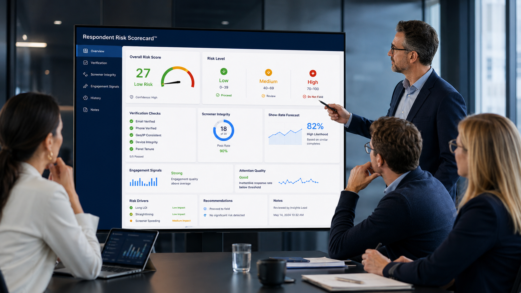 Respondent Risk Scorecard dashboard displayed on a boardroom screen with executives reviewing risk metrics